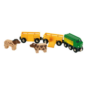 Zemědělský vlak pro přepravu zvířat se 2 vagónky, krávou, koněm