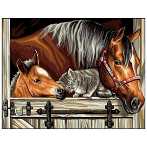 Diamantová mozaika - koně s kočkou