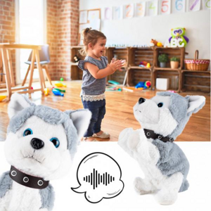 Interaktivní plyšový pes Husky ovládaný hlasem - akce: reaguje na potlesk, pisk nebo hlasité slovo